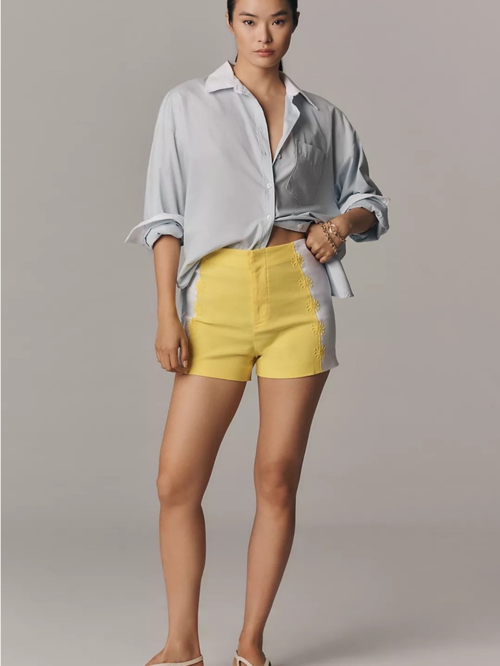 Maeve Yellow High-Waist Lace-Trim Shorts